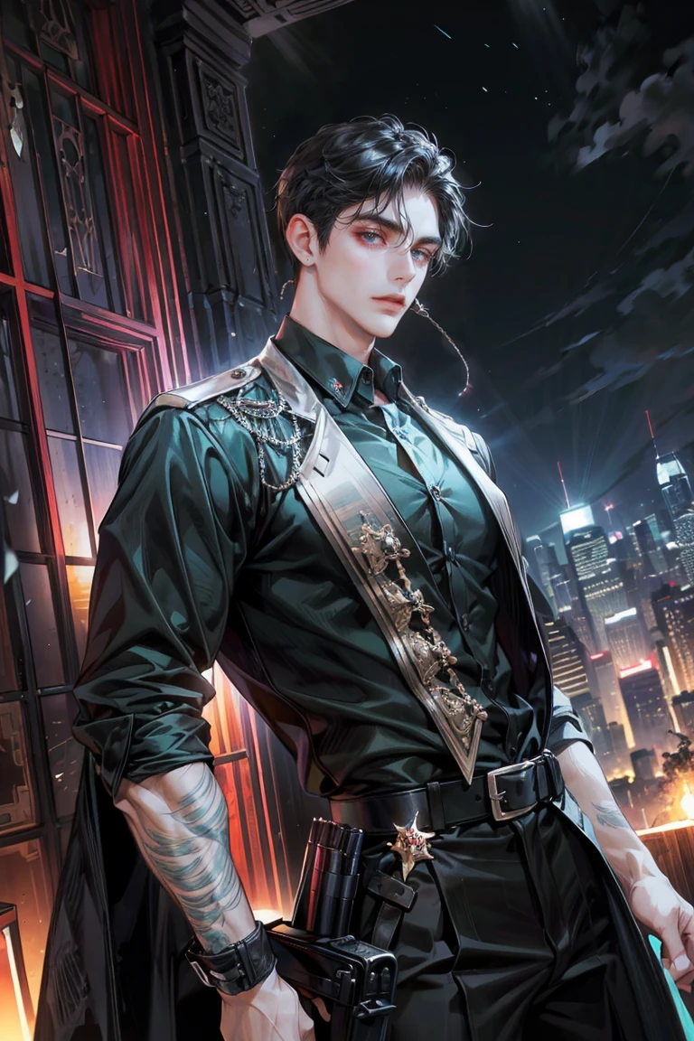 (absurdres, highres, ultra detailed, original character, HDR), 1 british boy, solo, adult, handsome, ((tall muscular guy, broad shoulders)), finely detailed eyes, (black hair), hair between eyes, turquoise eyes, holographic, futuristic, casual outfit, black coat, gun holster, (body tight white shirt), big pecs, ((wearing a black earring)), cowboy shot, dutch angle, face focused, tower walled city scenery, dystopian hong kong city, skyscrapers, Cyan, Magenta, long face, closed mouth, looking at viewer, depth of field, bokeh