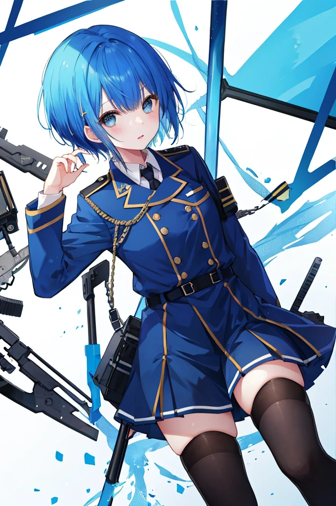 Girl、Blue hair short、Black military uniform、stockings