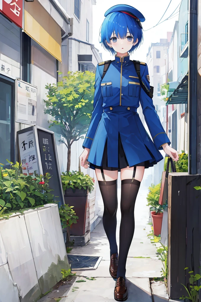 Girl、Blue hair short、Black military uniform、stockings