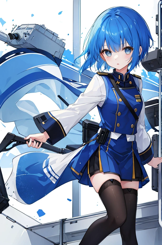 Girl、Blue hair short、Black military uniform、stockings