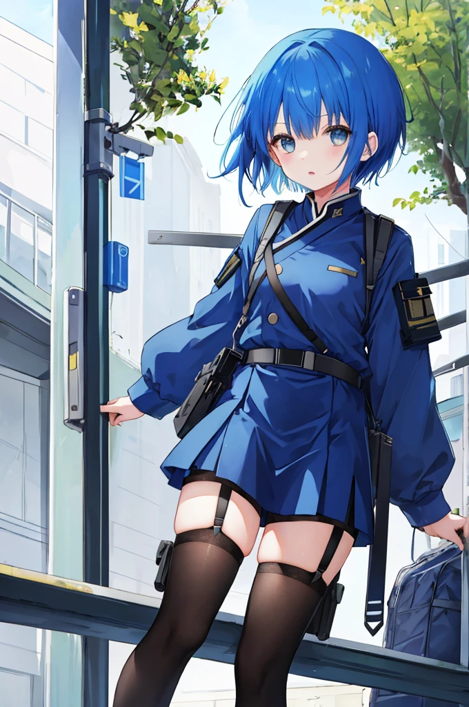 Girl、Blue hair short、Black military uniform、stockings