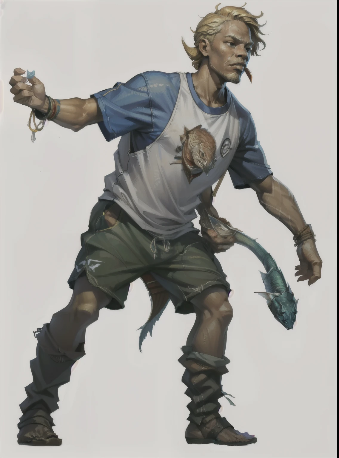 I want a character with a white background, png, Full body image, Fisherman with fish on his clothes and a beastly face, silly, with blonde hair and African descent