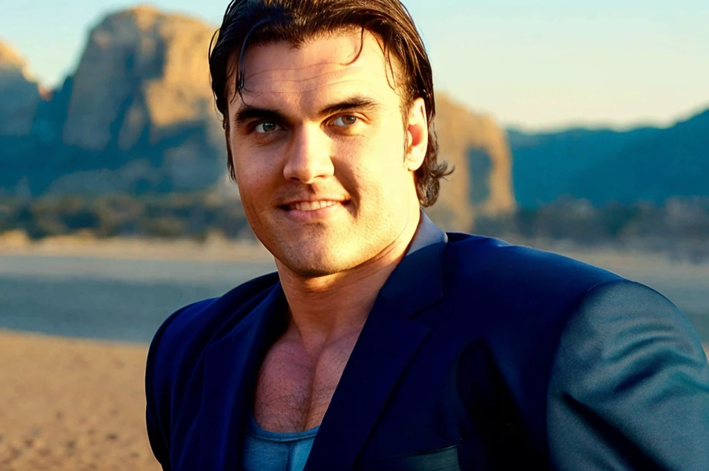 a muscular man with a chiseled jawline, piercing blue eyes, tousled dark hair, wearing a tight blue suit with a red cape, flying high in the sky, fists clenched, the sun shining brightly behind him, cinematic lighting, epic, dramatic, (best quality,4k,8k,highres,masterpiece:1.2),ultra-detailed,(realistic,photorealistic,photo-realistic:1.37),cinematic,heroic,dramatic