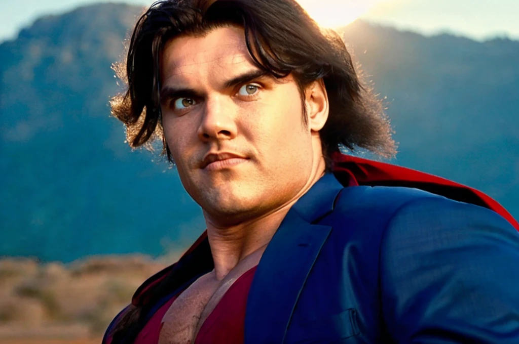 a muscular man with a chiseled jawline, piercing blue eyes, tousled dark hair, wearing a tight blue suit with a red cape, flying high in the sky, fists clenched, the sun shining brightly behind him, cinematic lighting, epic, dramatic, (best quality,4k,8k,highres,masterpiece:1.2),ultra-detailed,(realistic,photorealistic,photo-realistic:1.37),cinematic,heroic,dramatic