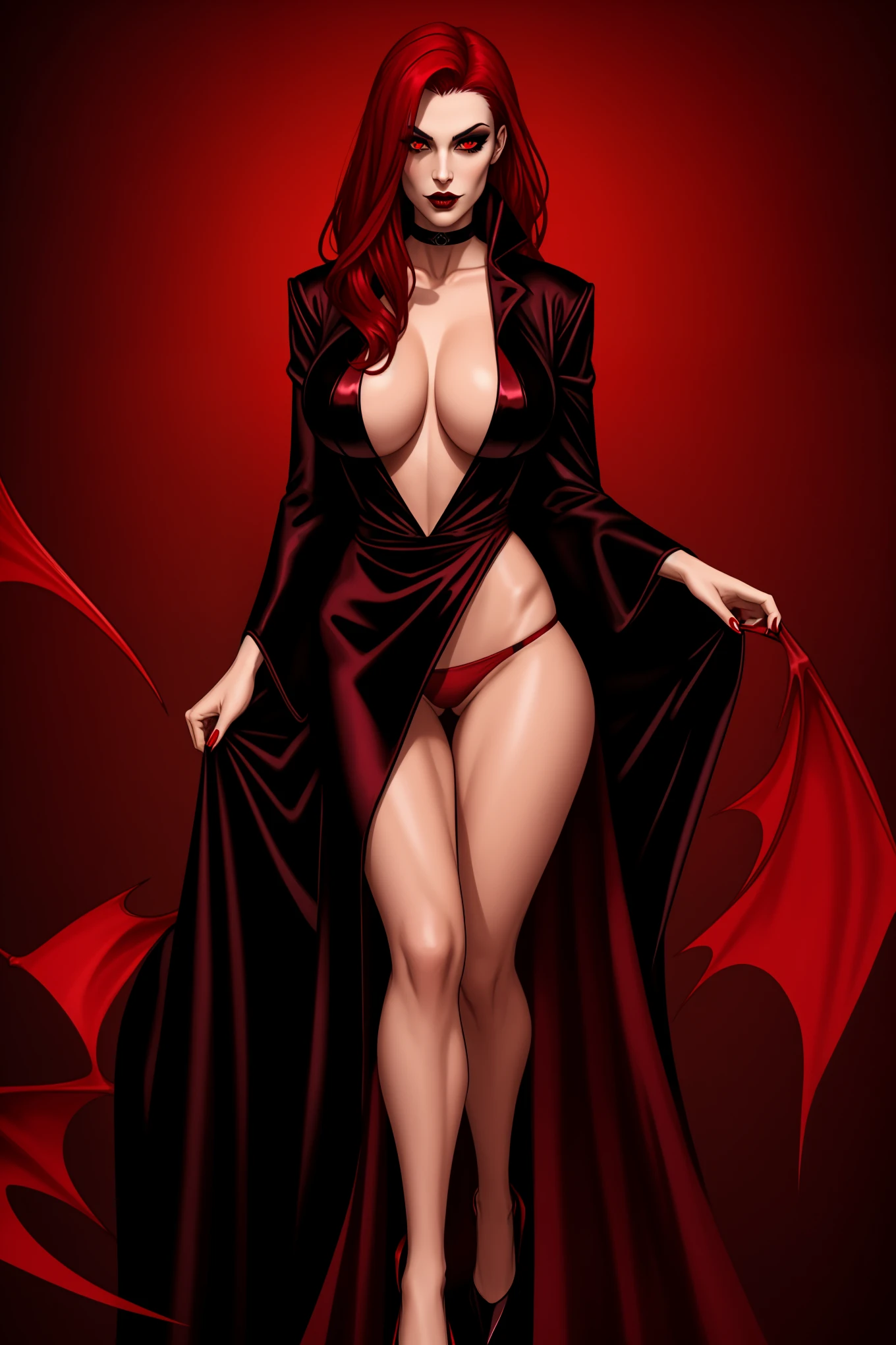 vampiress. sexy black robe, red panties, crimson hair, blank background