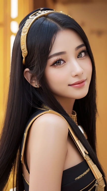 Beauty,((masterpiece)),((Highest quality)),((8K)),((Ultra high definition)),((high resolution)),((detailed)),((Perfect body)),((Perfect Face)),Beauty、Shiny Hair、Slanted Eyes、((Very heavy makeup:1.2))、Glowing Skin、Tan Skin、Glowing Skin、Jet Black Hair、Long Hair、Very long black hair、Beautiful and detailed、smile、21 years old、((エジプトのView of the Royal Palace:1.3))、View of the Royal Palace、Concubine、((王Concubineの髪飾り))、((Royal Palace of Egypt))、王Concubine、gold、Royal Bedroom、((エジプト王Concubineのgoldの衣装))、((Angle of view that allows you to see the whole body:1.3))、(((nup, nefertari:1.2))、Cleopatra、