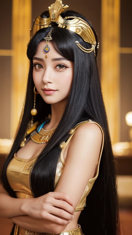 Beauty,((masterpiece)),((Highest quality)),((8K)),((Ultra high definition)),((high resolution)),((detailed)),((Perfect body)),((Perfect Face)),Beauty、Shiny Hair、Slanted Eyes、((Very heavy makeup:1.2))、Glowing Skin、Tan Skin、Glowing Skin、Jet Black Hair、Long Hair、Very long black hair、Beautiful and detailed、smile、21 years old、((エジプトのView of the Royal Palace:1.3))、View of the Royal Palace、Concubine、((王Concubineの髪飾り))、((Royal Palace of Egypt))、王Concubine、gold、Royal Bedroom、((エジプト王Concubineのgoldの衣装))、((Angle of view that allows you to see the whole body:1.3))、(((nup, nefertari:1.2))、Cleopatra、
