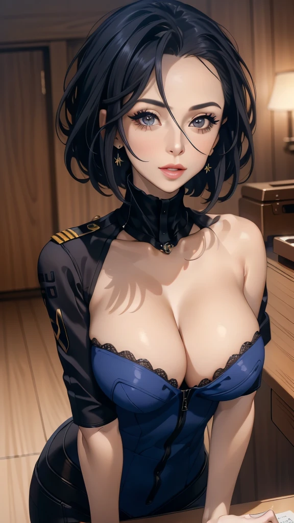 a beautiful young girl with short blue hair, a light smile, brown eyes, hair clips, lips, stud earrings, semi-rimless eyewear, wearing a glossy blue bodysuit, with a large buttocks and large breasts, (best quality,4k,8k,highres,masterpiece:1.2),ultra-detailed,(realistic,photorealistic,photo-realistic:1.37),highly detailed face, extremely detailed eyes and face, long eyelashes, beautiful detailed eyes, beautiful detailed lips, concept art, cinematic lighting, vibrant colors, hyper-realistic