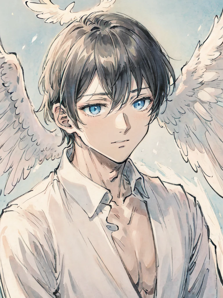 Magestic anime man, light themed, gentle face, angel like, man
