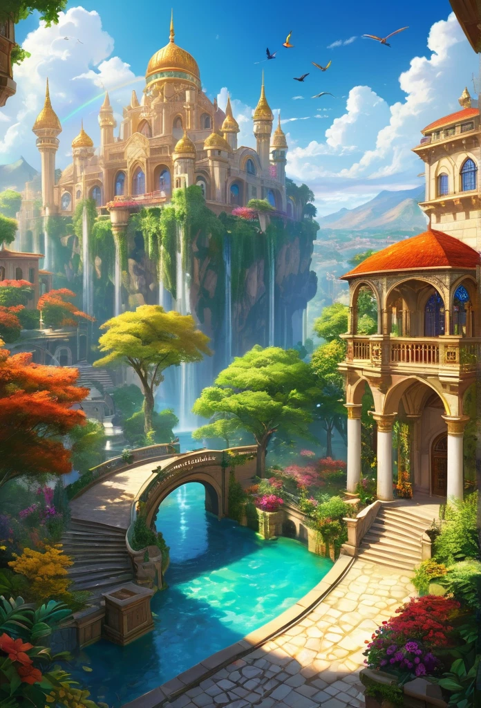 "A stunning view of the city of Edenia. The setting is a prosperous and magical kingdom, filled with natural beauty and elegant architecture. In the center of the city, stands a majestic palace with tall towers and intricate golden details, reflecting the sunlight Surrounding the palace are lush gardens with vibrantly colored flowers, crystal-clear water fountains, and leafy trees. The city's streets are paved with bright stones, and the surrounding buildings are adorned with balconies and windows adorned with colorful stained glass. of Edenia, dressed in elegant and exotic costumes, stroll through the streets, enjoying the peace and prosperity of the kingdom. In the sky, a soft rainbow passes through white clouds, and exotic birds fly amid the idyllic scenery.