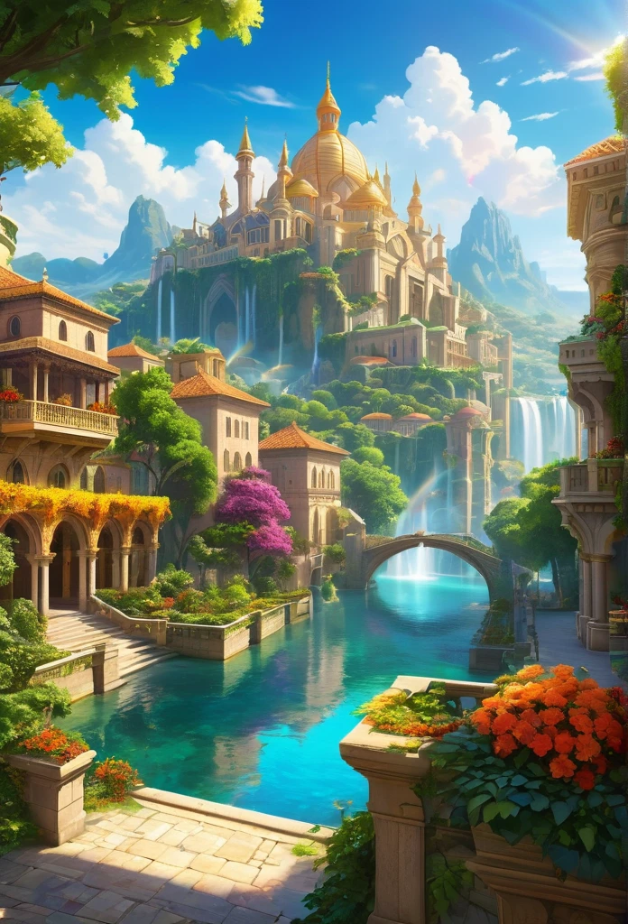"A stunning view of the city of Edenia. The setting is a prosperous and magical kingdom, filled with natural beauty and elegant architecture. In the center of the city, stands a majestic palace with tall towers and intricate golden details, reflecting the sunlight Surrounding the palace are lush gardens with vibrantly colored flowers, crystal-clear water fountains, and leafy trees. The city's streets are paved with bright stones, and the surrounding buildings are adorned with balconies and windows adorned with colorful stained glass. of Edenia, dressed in elegant and exotic costumes, stroll through the streets, enjoying the peace and prosperity of the kingdom. In the sky, a soft rainbow passes through white clouds, and exotic birds fly amid the idyllic scenery.