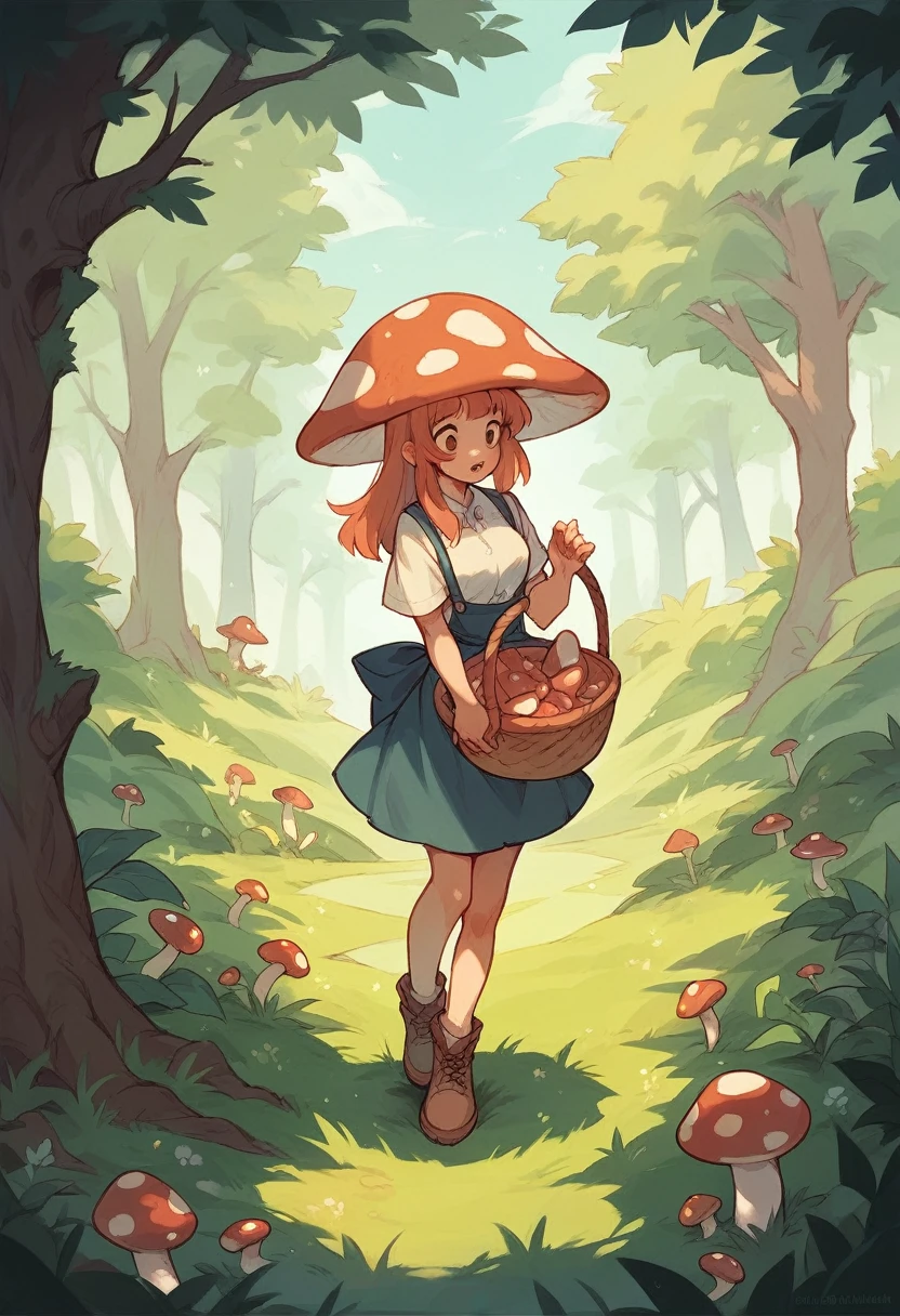 girl in the forest with a basket of mushrooms