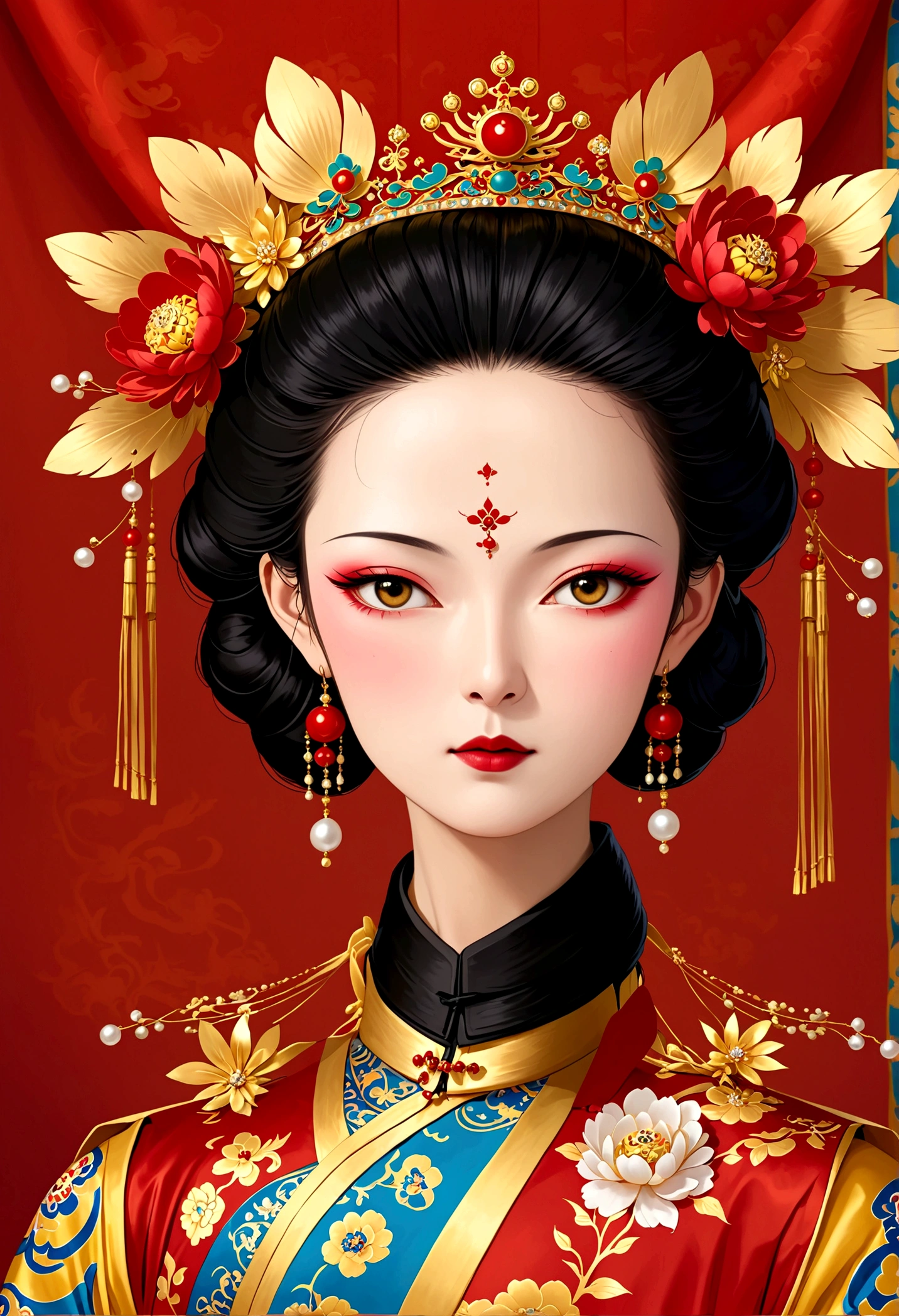 Solemn girl portrait，symmetry，Round Face，Bright Eyes，Smooth skin，Red peony headdress，Elegant and luxurious，Wealth，Gorgeous black and gold costumes，Chinese Qing Dynasty flag costumes,Selfish,Chinese Emperor，High bun，Gorgeous golden crown，tassel，palace，Clean background，(((Wu Zetian，Empress)))，Fur collar cape，Pearl tassels，Pearl Makeup，Red background