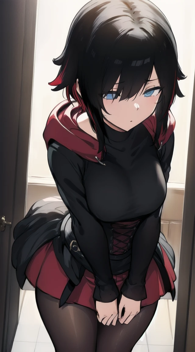 1girl,((black red multicolor hair)),((grey eyes ))
BREAK ((hair ornament, gloves, jewelry, flat breasts, hair ribbon, thighs, , ruby rose, black hair, short hair,ruby_rose, boots, pantyhose, hood, corset
:1))
BREAK ((blank eyes, , mind control,:1.4))
BREAK indoors,
BREAK looking at viewer,
BREAK (masterpiece:1.2), best quality, high resolution, unity 8k wallpaper, (illustration:0.8), (beautiful detailed eyes:1.6), extremely detailed face, perfect lighting, extremely detailed CG, (perfect hands, perfect anatomy),