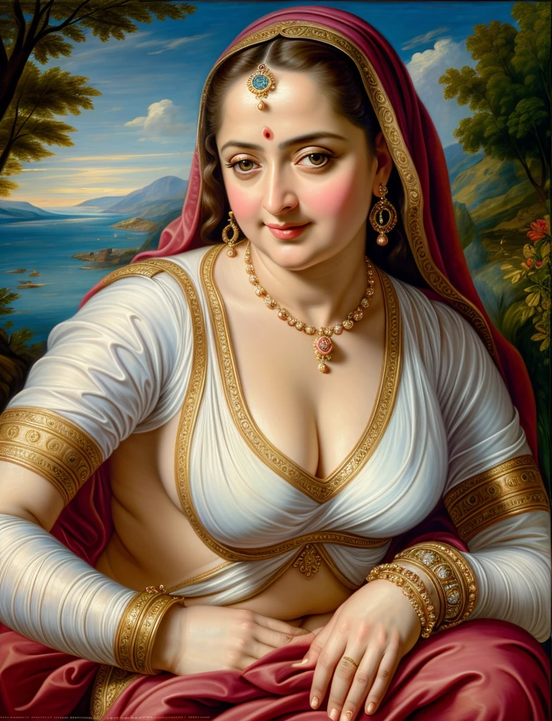 Looks like hka Shetty, (solo), middle aged woman, Masterpiece, Best quality, high clarity eyes, beautifully styled hair, curvy, sexyvel folds, feminine curve, motherly figure, critically flawless,sharp picture, Full portrait, High pixels, perfect face, perfect eyes, beautiful face, perfect hands,perfect fingers, in Peter Paul Rubens style, by Peter Paul Rubens, baroque style, acrylic on canvas, highly detailed, description: "Create a nymph inspired by the tales of Greek or Roman mythology, embodying the essence of a natural element or location, and possessing a unique ability or trait that sets her apart.", beautiful nature in the background, Brilliant colors,