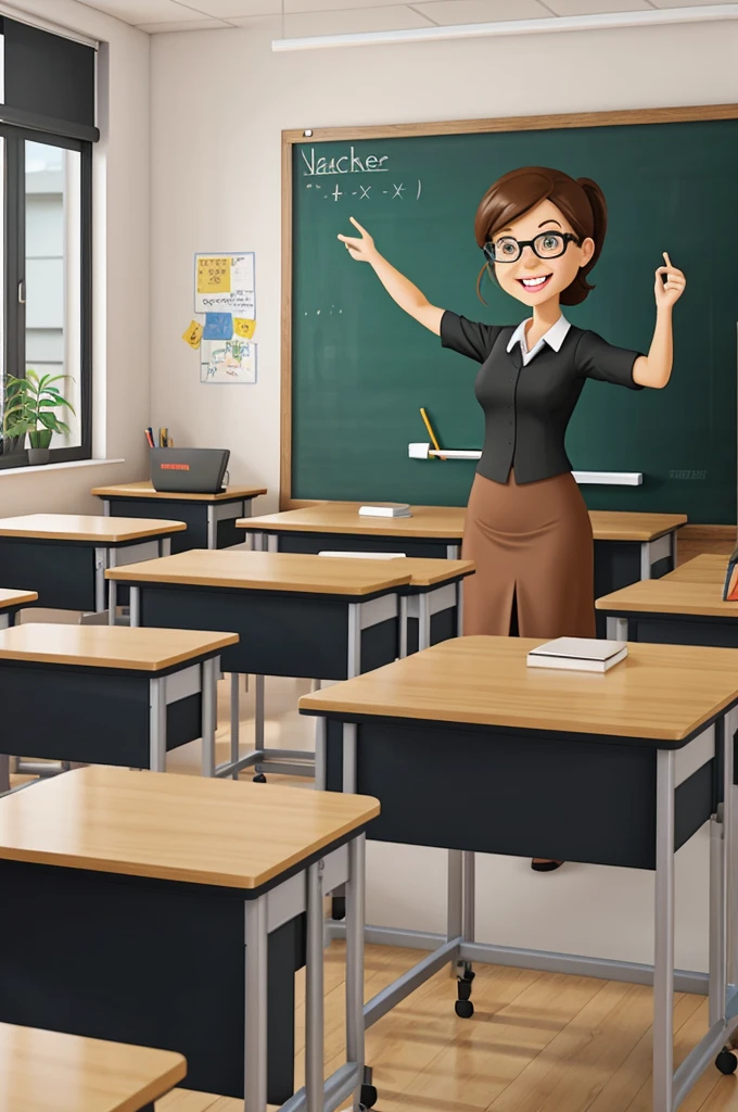 Cartoon of teacher with blackboard and desk giving classes