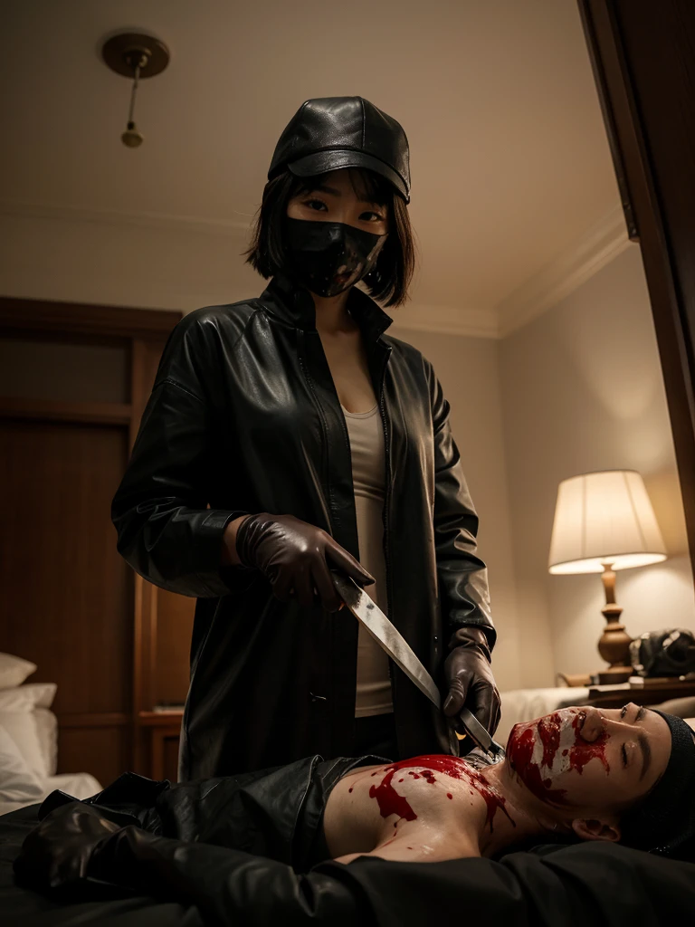 korean girl, (behind corpse, blood splatter), surgical mask, holding knife, stabbing, black raincoat, leather gloves, trucker hat, room full of blood, short hair, holding knife, leather gloves, behind corpse, night, mass murderer, robbery, in the hotel,