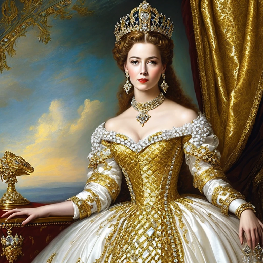 Portrait of a beautiful queen wearing a rococo gown, white and gold, wearing a white and gold snake, diamond rococo jewels