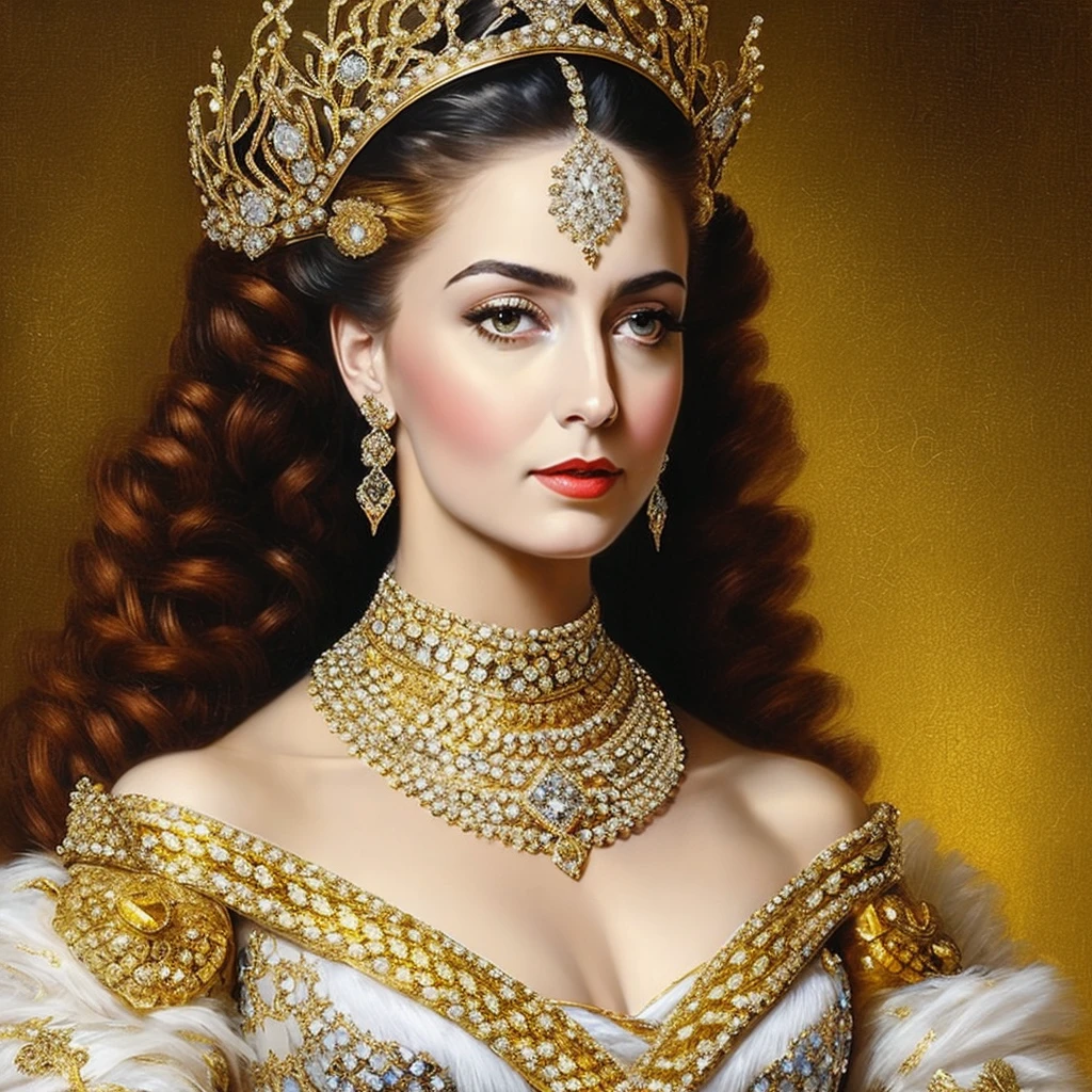 Portrait of a beautiful queen wearing a rococo gown, white and gold, wearing a white and gold snake, diamond rococo jewels