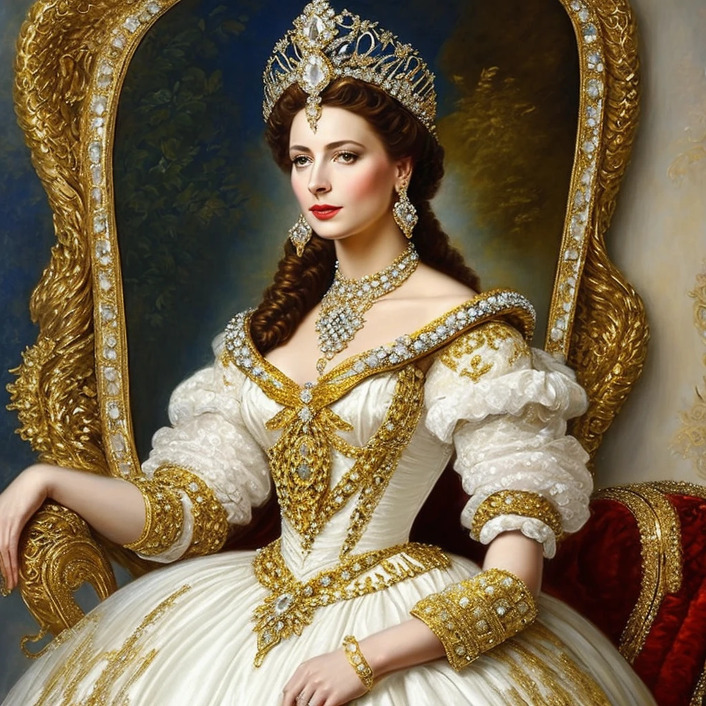 Portrait of a beautiful queen wearing a rococo gown, white and gold, wearing a white and gold snake, diamond rococo jewels