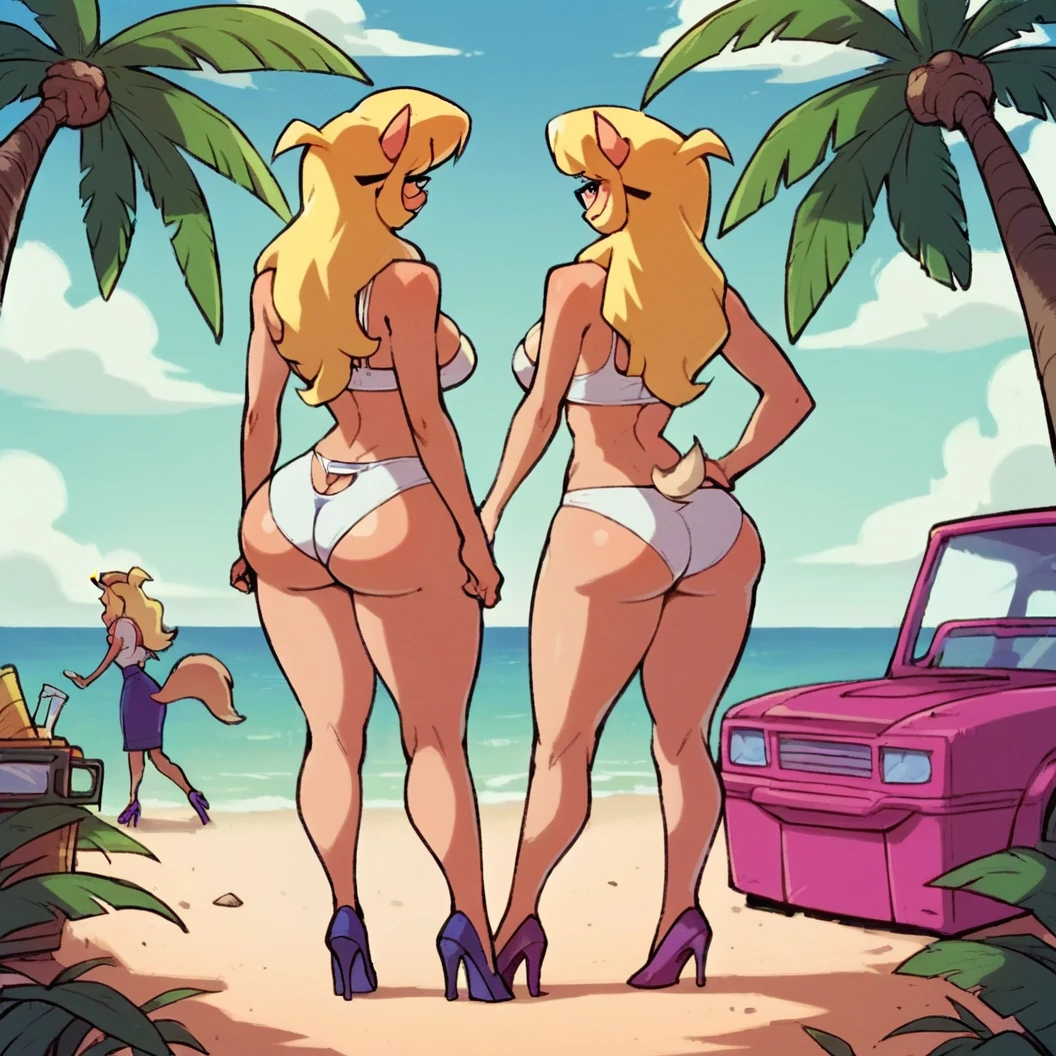 2girls, clones, Callie Briggs, detailed, detailed fur, topless, legs, purple heels, blonde hair, eyes open, beach, glasses, thicc thighs, standing, white panties, white bikini bottom, shaking big butts