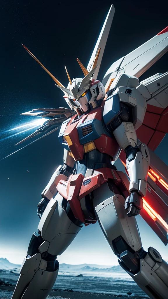 Create a mechanical themed wallpaper,Gundam style,Rich in details,Wearing cold weapons,Color coordination,The original machine,Wings behind,Fighting Stance