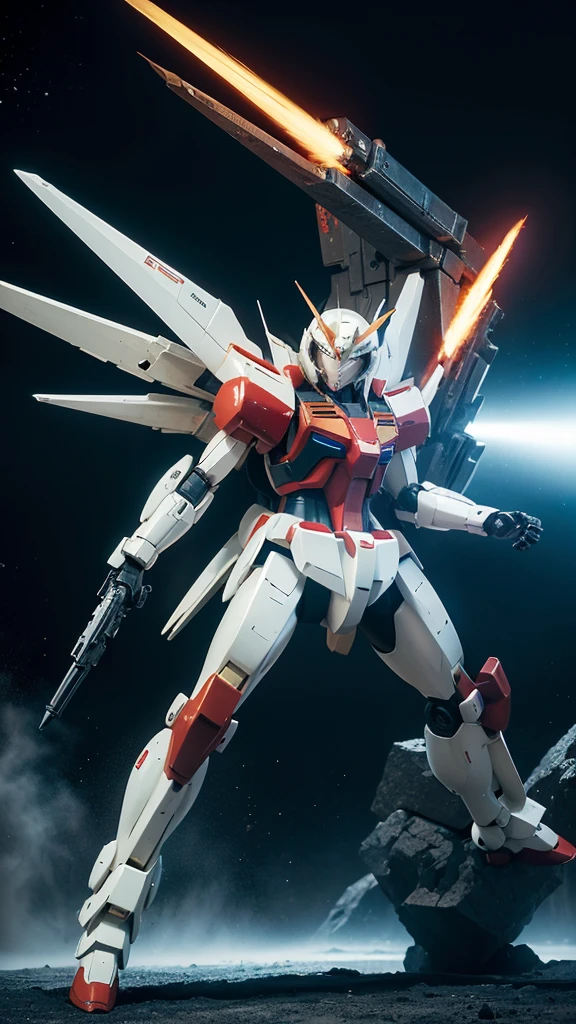 Create a mechanical themed wallpaper,Gundam style,Rich in details,Wearing cold weapons,Color coordination,The original machine,Wings behind,Fighting Stance
