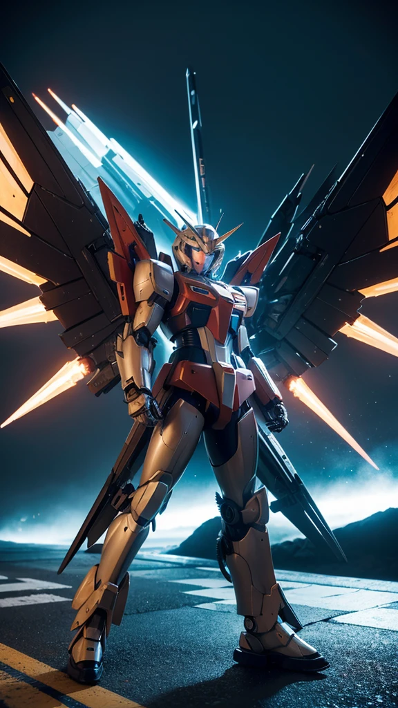 Create a mechanical themed wallpaper，Gundam style，Rich in details，Wearing cold weapons，Color coordination，The original machine，Wings behind，Fighting Stance