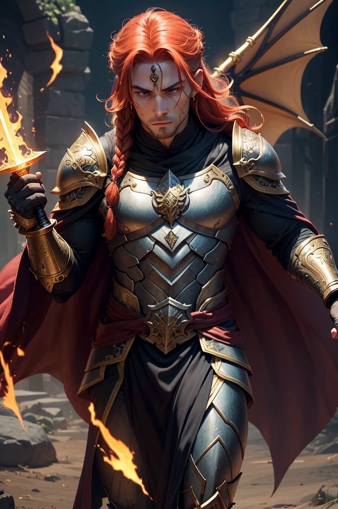 Appearance:
Height: 6'2"
Build: Lean and muscular, indicating rigorous physical training and combat
Hair: Long, fiery red, tied back in a warrior's braid
Eyes: Striking gold, glowing with mystical intensity
Skin: Fair, weathered from years of travel and battle, with a few battle scars
Face: Strong and chiseled, serious yet softened by moments of introspection or compassion
Attire:
Armor: Unique blend of heavy plate and enchanted robes, adorned with intricate dragon motifs and glowing golden runes, crafted from rare dark steel
Helmet: Open-faced, with small dragon wings on the sides
Cloak: Red and gold, fastened with a dragon's head brooch, enchanted to enhance his presence
Weapons: One-handed sword with an intricately designed hilt and a faint fiery aura, occasionally an axe with similar designs and enchantments
Amulet: Amulet of Akatosh, depicting Akatosh's dragon emblem, radiating a gentle, warm glow
Abilities:
The runes on his armor and weapons pulse with energy when he channels his magic, casting an ethereal glow
Aura:
Exudes calm strength and wisdom
Serious and focused expression, with softened eyes when interacting with allies or those in need
Overall Impression:
Thalor's appearance is a perfect blend of regality and ferocity, commanding respect and admiration as both a formidable warrior and a wise protector.