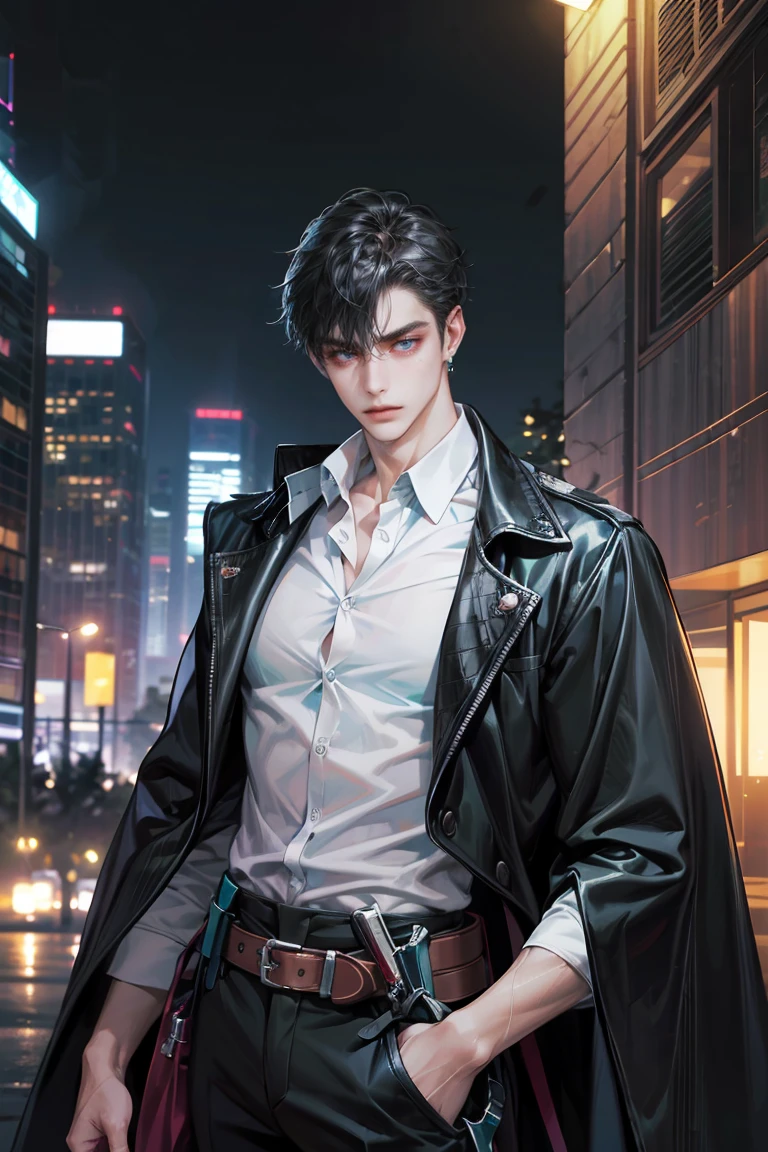 (absurdres, highres, ultra detailed, original character, HDR), 1 british boy, solo, adult, handsome, ((tall muscular guy, broad shoulders)), finely detailed eyes, (black hair), hair between eyes, turquoise eyes, holographic, futuristic, casual outfit, black coat, gun holster, (body tight white shirt), big pecs, ((wearing a black earring)), cowboy shot, dutch angle, face focused, tower walled city scenery, dystopian hong kong city, skyscrapers, Cyan, Magenta, long face, closed mouth, looking at viewer, depth of field, bokeh