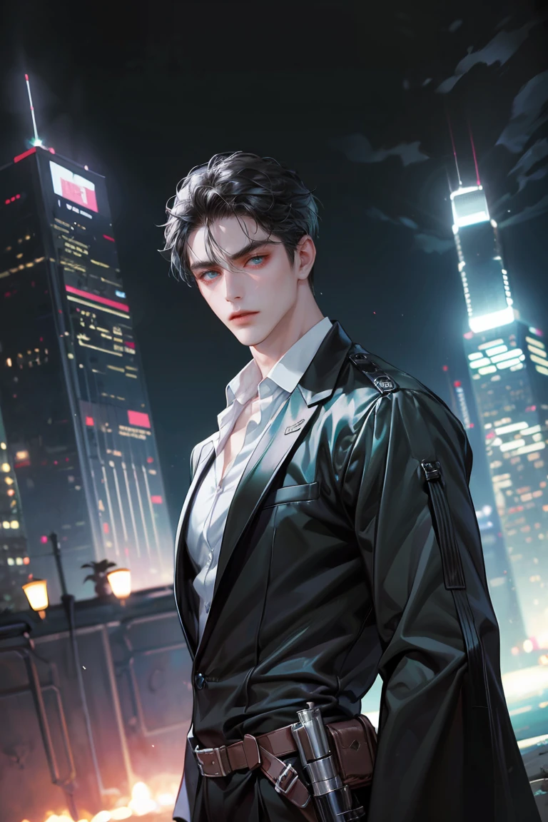 (absurdres, highres, ultra detailed, original character, HDR), 1 british boy, solo, adult, handsome, ((tall muscular guy, broad shoulders)), finely detailed eyes, (black hair), hair between eyes, turquoise eyes, holographic, futuristic, casual outfit, black coat, gun holster, (body tight white shirt), big pecs, ((wearing a black earring)), cowboy shot, dutch angle, face focused, tower walled city scenery, dystopian hong kong city, skyscrapers, Cyan, Magenta, long face, closed mouth, looking at viewer, depth of field, bokeh