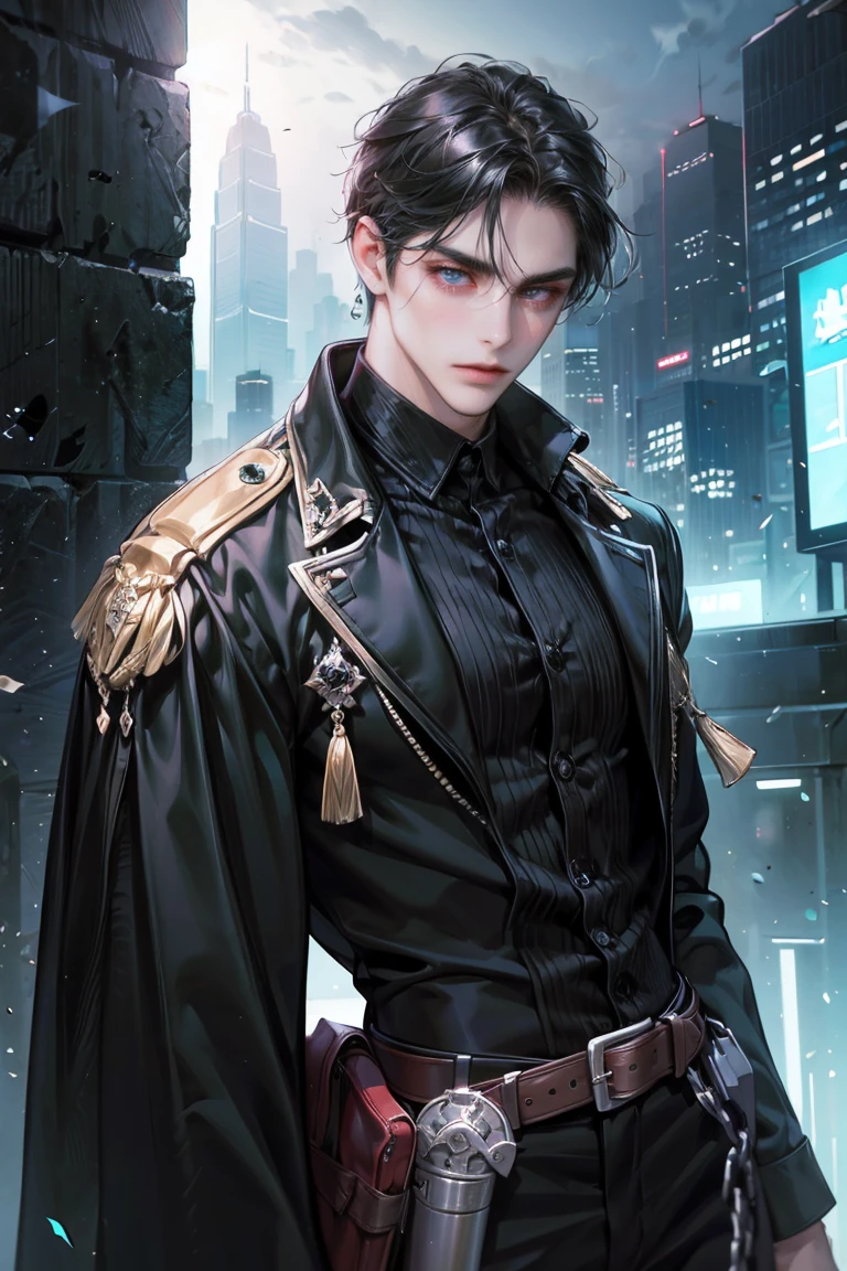 (absurdres, highres, ultra detailed, original character, HDR), 1 british boy, solo, adult, handsome, ((tall muscular guy, broad shoulders)), finely detailed eyes, (black hair), hair between eyes, turquoise eyes, holographic, futuristic, casual outfit, black coat, gun holster, (body tight white shirt), big pecs, ((wearing a black earring)), cowboy shot, dutch angle, face focused, tower walled city scenery, dystopian hong kong city, skyscrapers, Cyan, Magenta, long face, closed mouth, looking at viewer, depth of field, bokeh