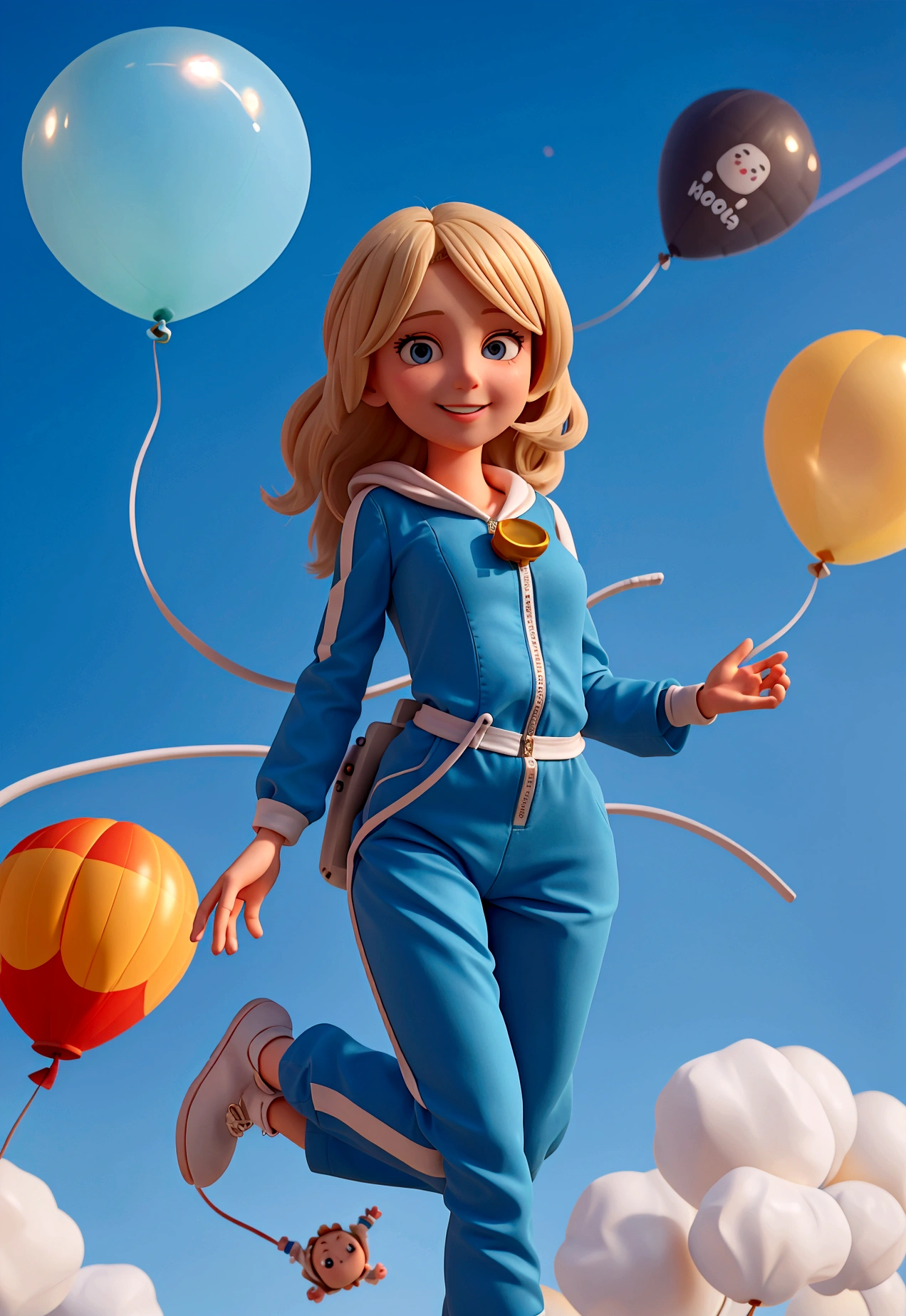 A blonde woman, of medium hair, Spaceman, wearing a long blue jumpsuit and being carried by balloons into the sky. HER BODY IS TILT diagonally showing that she is flying. She holds all 7 balloons in her right hand, by ropes. As she is taken to heaven, She smiles and looks at her left hand, as if inviting someone to hold her hand and go with her. her feet are no longer on the ground, she floats. her body should not be cropped in the image and her legs are straight. she conveys sweetness, lightness and joy. She's alone in the picture