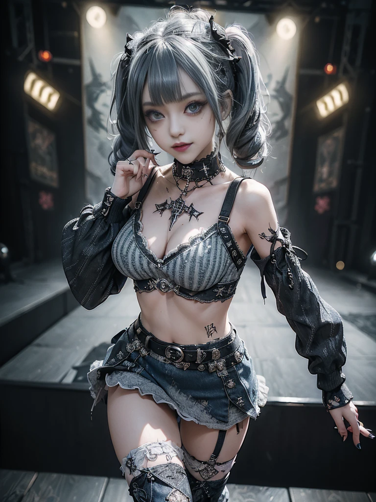 (Smiling with teeth showing:1.3),(Hollywood actress:1.5)、(Gothic Lolita style fashion:1.5)、(Punk RockVisual Kei:1.5)、(Wearing a sweater with intricate decoration:1.4)、(A mini skirt with delicate white, denim and charcoal embellishments.:1.5)、(Denim and light blue and white boots:1.3)、((belt))、(Numerous intricate patterns all over the costume:1.4)、(collar:1.3)、(Striped underwear:1.5)、20-year-old、NSFW、((Highest quality、In 8K、masterpiece:1.3))、Sharp focus:1.2、(Layered Cut、Huge boobs:1.1),Beautiful woman with perfect figure:1.4、(Dancing vigorously:1.3)、Slender Abs:1.2、Highly detailed face and skin texture、Detailed eyes、double eyelid,(Twin tails:1.3)、(Golden Hair:1.3)、Gravure idol、(The background is the stage of the fashion show:1.3)、(Slim body:1.3),(Make your legs thinner:1.4),(clavicle:1.1)