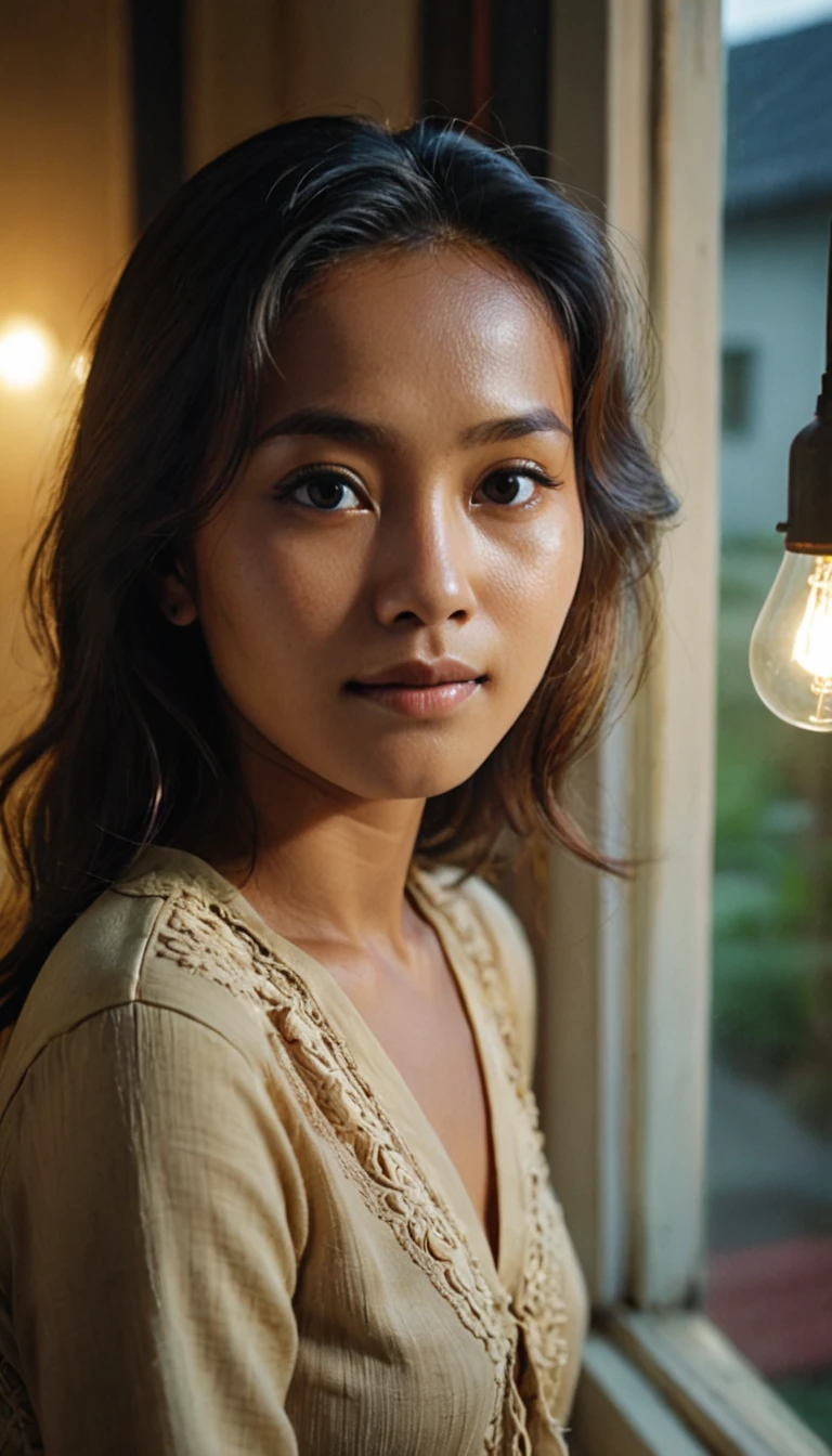 Extreme high angle shot from above of her, Una foto tomada desde (((fuera de la ventana)))a romantic picture of a young Indonesian woman with hair and clothes from the 1970s. The lighting is from the window, natural and soft, illuminating the scene evenly without harsh shadows or highlights. The location is indoors, with elements of home décor including framed pictures on the wall of a 1970s. She is looking directly unto the camera with lost look and a slight smile, (((la foto fue tomada desde el exterior del casa))), with cinematic lighting, professional high definition photography style ,fotorrealista