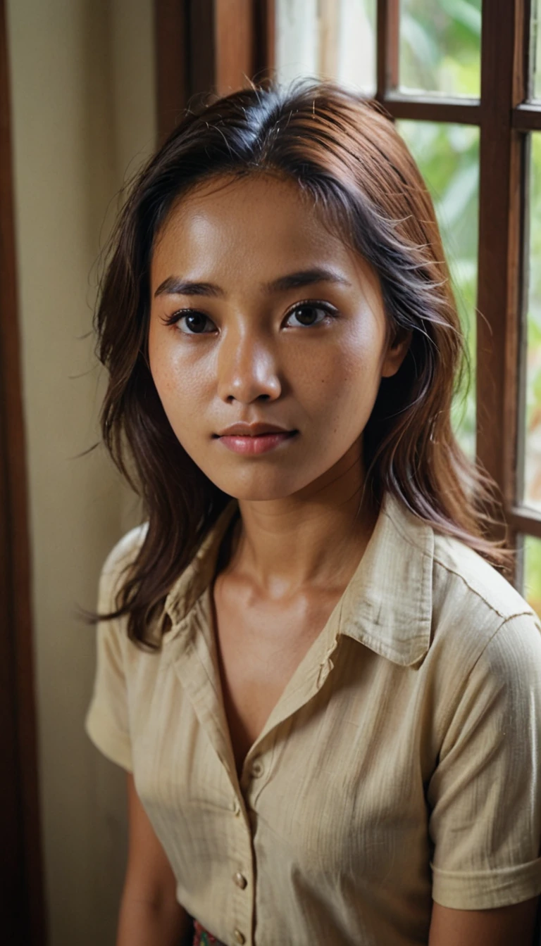 Extreme high angle shot from above of her, Una foto tomada desde (((fuera de la ventana)))a romantic picture of a young Indonesian woman with hair and clothes from the 1970s. The lighting is from the window, natural and soft, illuminating the scene evenly without harsh shadows or highlights. The location is indoors, with elements of home décor including framed pictures on the wall of a 1970s. She is looking directly unto the camera with lost look and a slight smile, (((la foto fue tomada desde el exterior del casa))), with cinematic lighting, professional high definition photography style ,fotorrealista