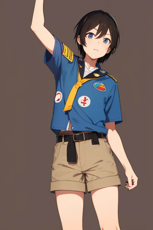 Natsumi Hamasaki from Camp Buddy, , wearing boy scout uniform, black hair, blue eyes, light brown boy scout shirt with medal print, light brown shorts, black belt, blue scarf.
