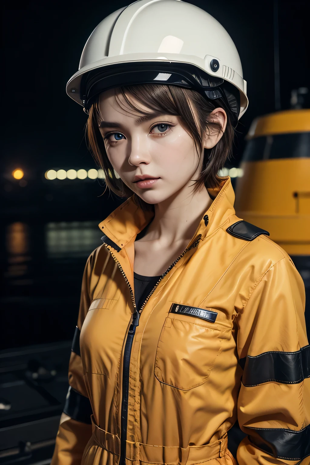 a one woman, Youngh, Short hair, tied hair, disheveledhair, greeneyes, skin black, steady look, fire resistant coverall, orange jumpsuit, jumpsuit with reflective stripes, oil platform in the background, standing on the helideck, helideck of an oil platform. Shell-type ear protector, neck ear protector. Helmet in hand. 1080 by 1920 pixels