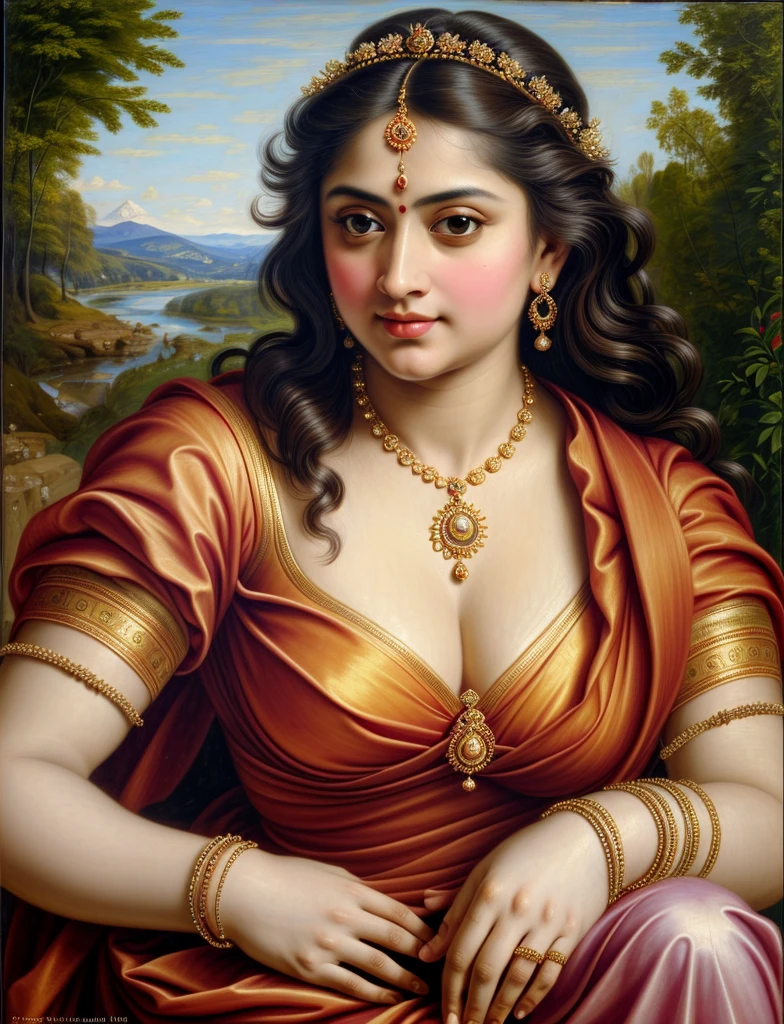 Beautiful Indian Woman, wearing saree, sari Beauty, gorgeous, Apsara, Maharani, royal queen woman, nymph from Hindu Mythology, Urvashi, matchless beauty, Highly detailed, Oil Painting by Peter Paul Rubens inspired by Raja Ravi Varma, Matchless beauty, captivating, gorgeous, heavenly beauty, celestial beauty, by Peter Paul Rubens, 13, realistic, hyper realistic, micro details, incredible artwork, insane details, ultra High resolution, 8k, 32k, acrylic on canvas, intricate, flawless, detailed, detailed face, detailed eyes, masterpiece, by Peter Paul Rubens, by Caravaggio, by William Adolphe bouguereau, perfect face, perfect body, beautiful art, realism, baroque, renaissance Art, highly textured, beautiful and detailed eyes, uhd, best quality, flawless art, detailed art, 
