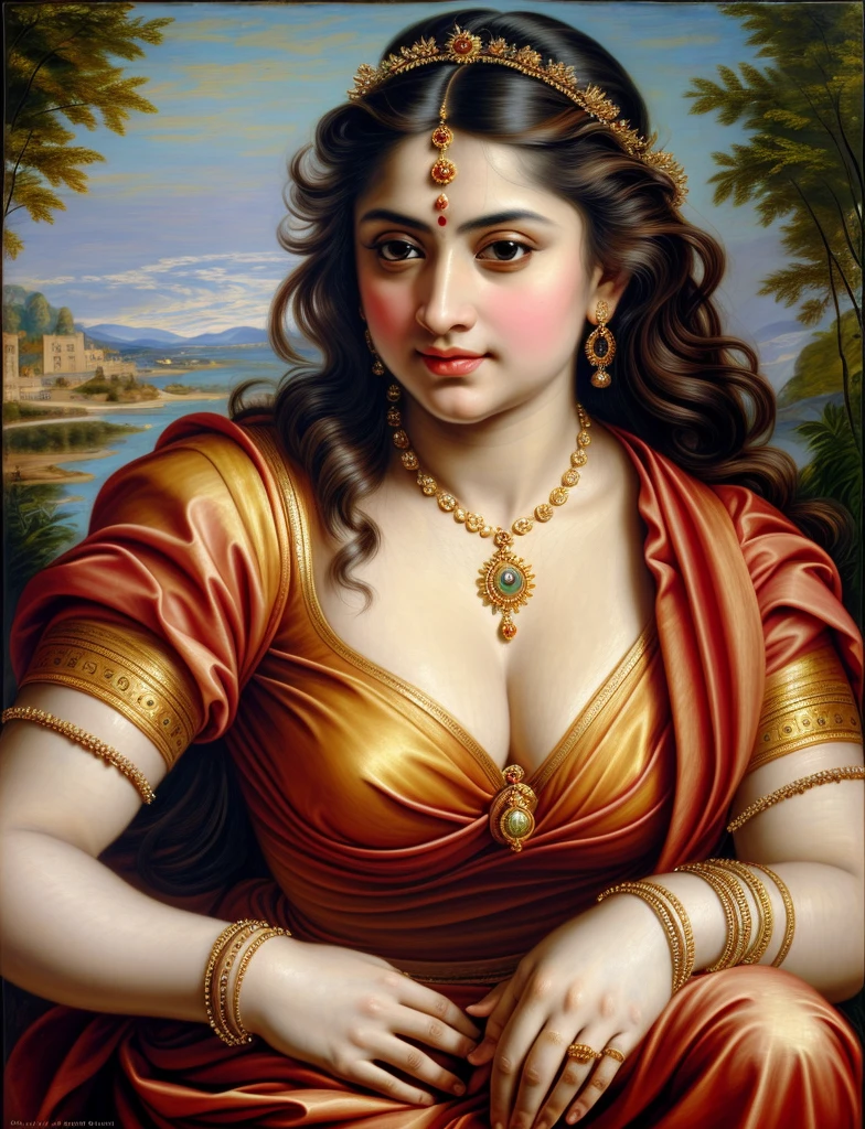 Beautiful Indian Woman, wearing saree, sari Beauty, gorgeous, Apsara, Maharani, royal queen woman, nymph from Hindu Mythology, Urvashi, matchless beauty, Highly detailed, Oil Painting by Peter Paul Rubens inspired by Raja Ravi Varma, Matchless beauty, captivating, gorgeous, heavenly beauty, celestial beauty, by Peter Paul Rubens, 13, realistic, hyper realistic, micro details, incredible artwork, insane details, ultra High resolution, 8k, 32k, acrylic on canvas, intricate, flawless, detailed, detailed face, detailed eyes, masterpiece, by Peter Paul Rubens, by Caravaggio, by William Adolphe bouguereau, perfect face, perfect body, beautiful art, realism, baroque, renaissance Art, highly textured, beautiful and detailed eyes, uhd, best quality, flawless art, detailed art,