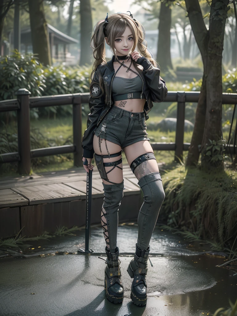 (Hostess:1.3)、(Smiling with teeth showing:1.3),(Shibuya Gal:1.5)、(Landmine Girl:1.4)、(ta Fashion:1.5)、(Punk RockVisual Kei:1.4)、(A modern short jacket in dark grey and moss green.:1.5)、(Tattered brown and charcoal denim low rise cargo pants:1.5)、(Mustard Yellow Headband:1.3)、(Charcoal and khaki striped knee socks:1.4)、collar、(Brown platform long boots)、(Clothing with logo pattern:1.4)、20-year-old、Browsing Caution,((Highest quality、In 8K、masterpiece:1.3))、Sharp focus:1.2、(Layered Cut、Huge breasts:1.1),Beautiful woman with perfect figure:1.4、(Doing an aerobics pose:1.3)、Slim Abs:1.2、Butt、Highly detailed face and skin texture、Fine grain、double eyelid,(Twin tails:1.3)、(Brownish golden hair:1.3)、Obscene、Idol Sculpture、(The landscape is a beautiful temple of water and forest:1.3)、(Slimming your legs:1.4)、(The body is slim:1.3)、(clavicle:1.1)