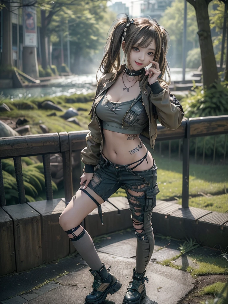 (Hostess:1.3)、(Smiling with teeth showing:1.3),(Shibuya Gal:1.5)、(Landmine Girl:1.4)、(ta Fashion:1.5)、(Punk RockVisual Kei:1.4)、(A modern short jacket in dark grey and moss green.:1.5)、(Tattered brown and charcoal denim low rise cargo pants:1.5)、(Mustard Yellow Headband:1.3)、(Charcoal and khaki striped knee socks:1.4)、collar、(Brown platform long boots)、(Clothing with logo pattern:1.4)、20-year-old、Browsing Caution,((Highest quality、In 8K、masterpiece:1.3))、Sharp focus:1.2、(Layered Cut、Huge breasts:1.1),Beautiful woman with perfect figure:1.4、(Doing an aerobics pose:1.3)、Slim Abs:1.2、Butt、Highly detailed face and skin texture、Fine grain、double eyelid,(Twin tails:1.3)、(Brownish golden hair:1.3)、Obscene、Idol Sculpture、(The landscape is a beautiful temple of water and forest:1.3)、(Slimming your legs:1.4)、(The body is slim:1.3)、(clavicle:1.1)