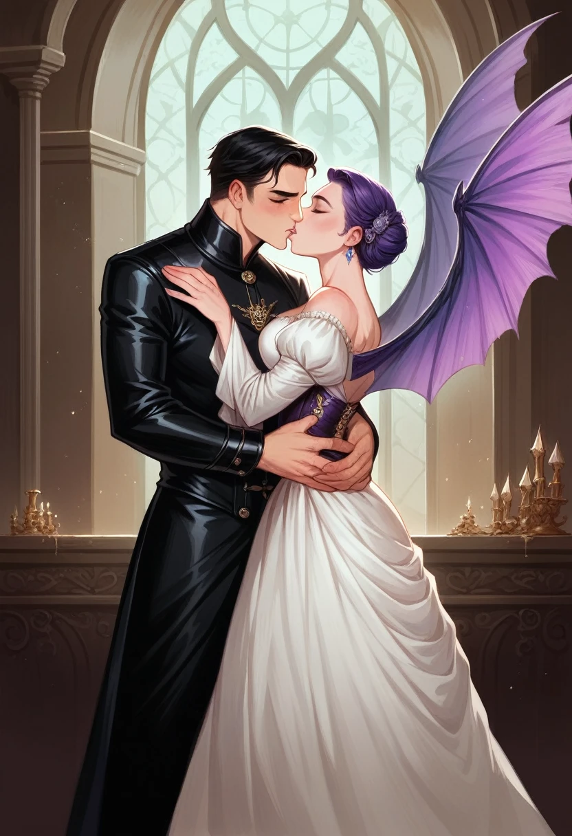 A purple long-haired woman in a luxury golden transparent dress hugs and kisses a brutally beautiful man-man with long short black hair with huge dragon wings in leather warrior clothes. fantasy dark castle. Renaissance style art. Hyperrealistic. Poetically. Many elements and details. Huge luxury jewelry intricate with stones and crystals. Very detailed and very beautiful faces. It was Victorian. emotionally. Lovers. They look at me.