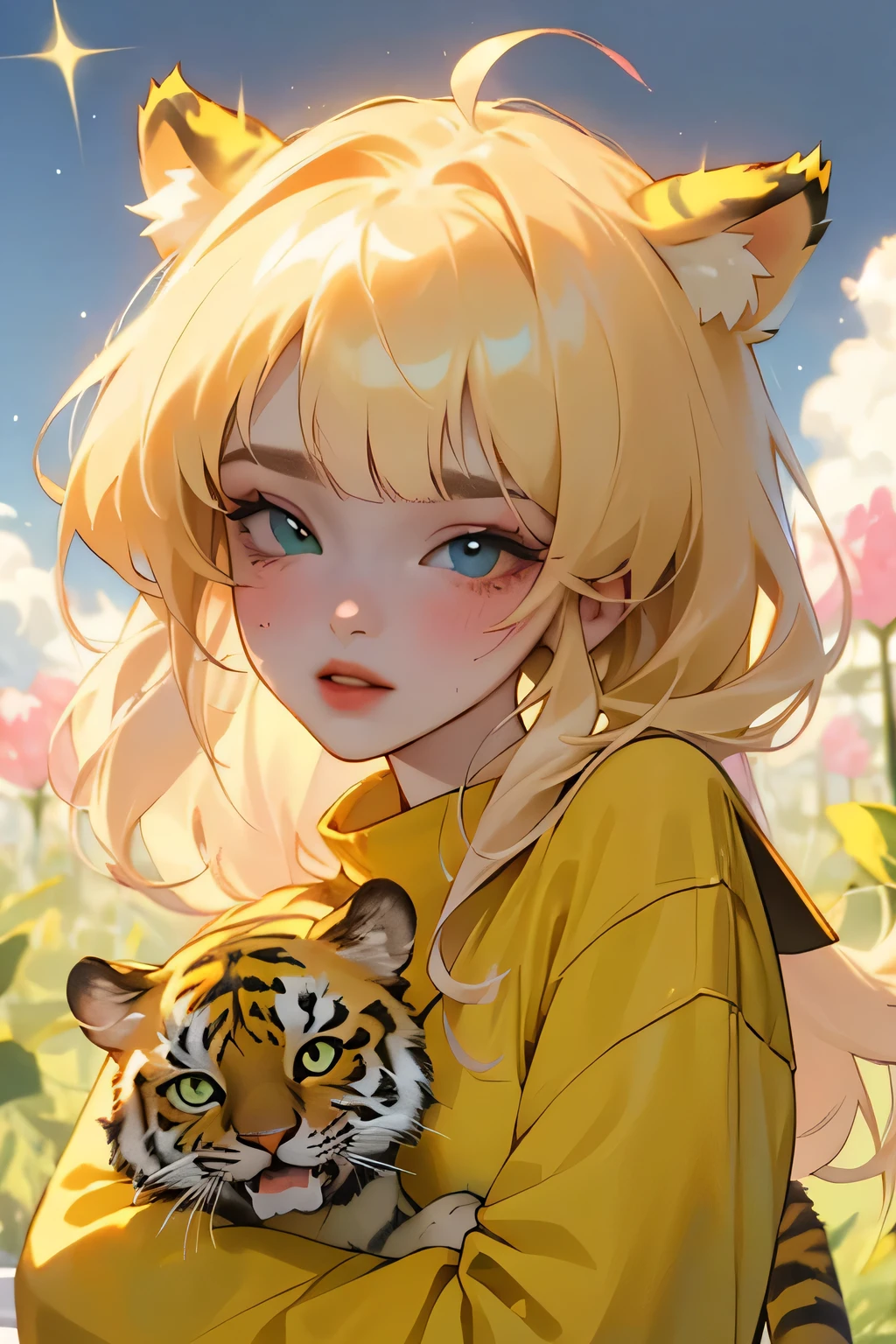 (high quality) (Best Quality) (Una Women) (correct physiognomy) (perfect students) (Perfect eyes) Women, blonde hair with bangs on the forehead, TWO cat ears growing out of his head, eyes with heterochromia dos ojos, one eye green and the other gold, sensitive lips, female appearance, soft facial features, thin eyebrows, soft skin, rosy cheeks, pink lips, silky eyelashes, dreamy expression, middle age, youth clothing, glitter sweatshirt, tiger print, photo illuminated by sunlight, Women en un campo de flores al aire libre con un cielo azulado de nubes