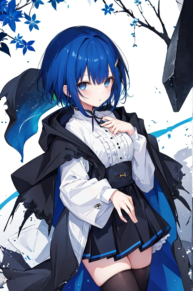 Girl、Black cloak、Blue hair short、stockings