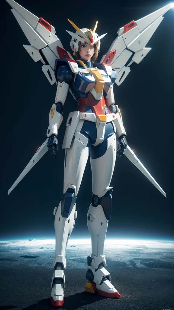 Create a mechanical themed wallpaper，Gundam style，Rich in details，Wearing cold weapons，Color coordination，The original machine，Wings behind，Fighting Stance，3D Model，Three View