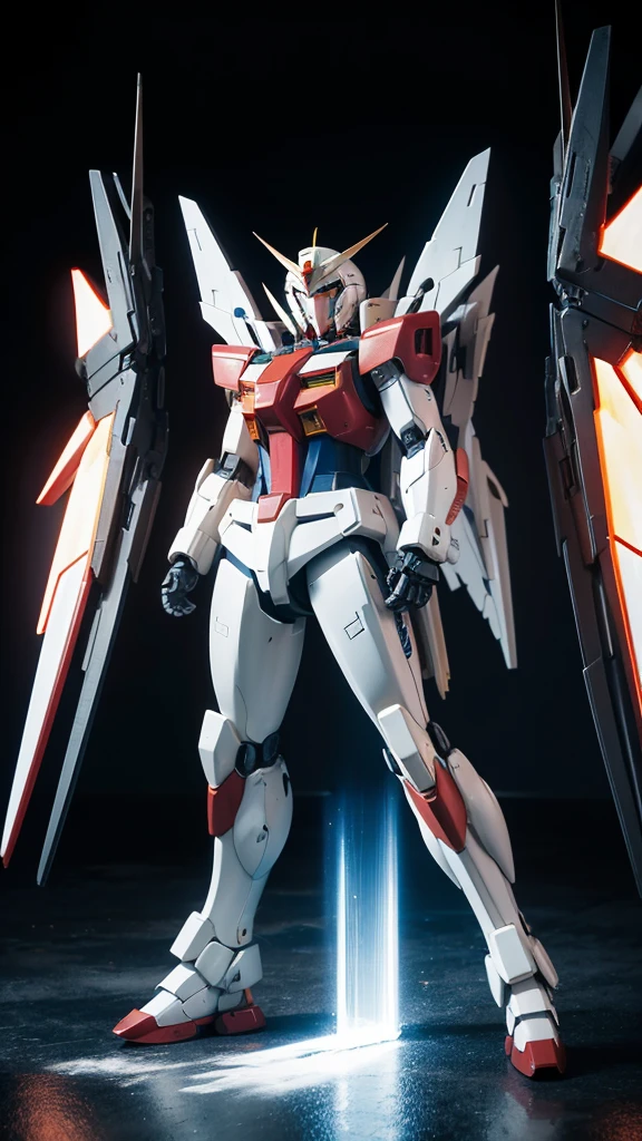 Create a mechanical themed wallpaper,Gundam style,Rich in details,Wearing cold weapons,Color coordination,The original machine,Wings behind,Fighting Stance,3D Model,Three View