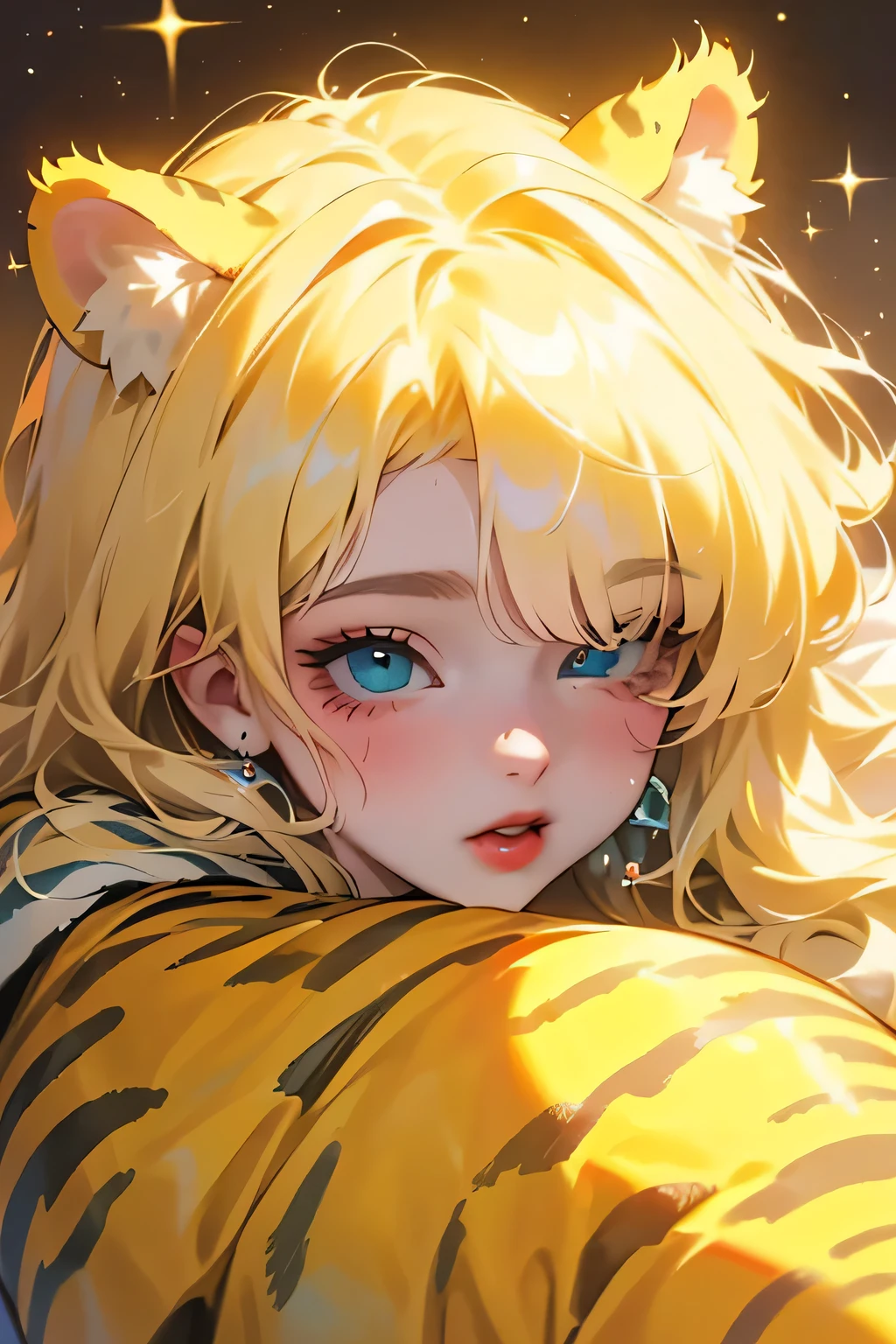 (high quality) (Best Quality) (Una Women) (correct physiognomy) (perfect students) (Perfect eyes) Women, blonde hair with bangs on the forehead, TWO cat ears growing out of his head, eyes with heterochromia dos ojos, one eye green and the other gold, sensitive lips, female appearance, soft facial features, thin eyebrows, soft skin, rosy cheeks, pink lips, silky eyelashes, dreamy expression, middle age, youth clothing, glitter sweatshirt, tiger print, photo illuminated by sunlight, Women en un campo de flores al aire libre con un cielo azulado de nubes