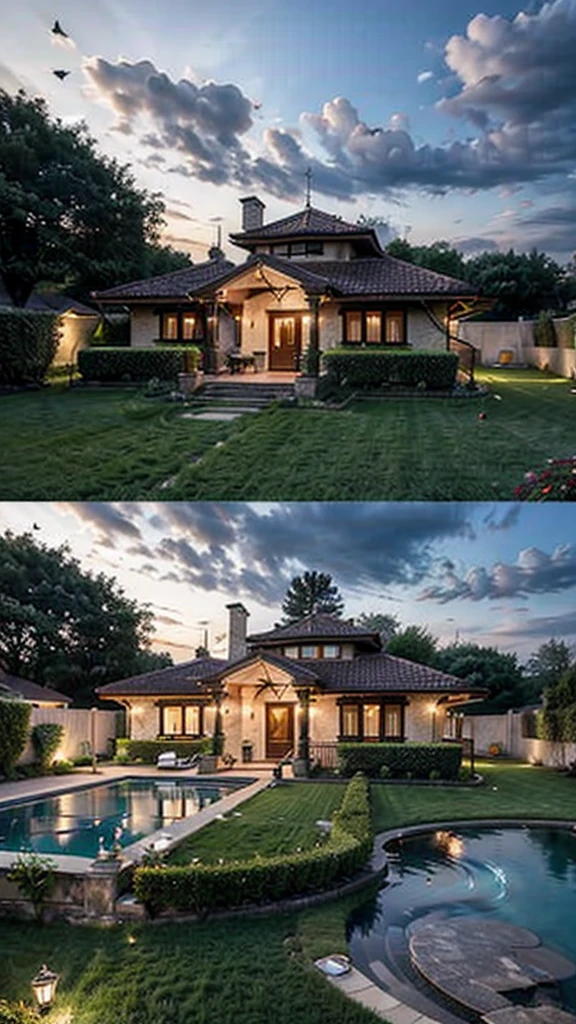 Draw a bungalow house in Sapanca, Turkey, with a garden and covered with grass, let the garden be surrounded by grass, let the weather be dark but the atmosphere be romantic, let it be a pool in the garden, let it be a night dinner set next to the pool and wine, let it be in a way that the table top is visible and a Let the girl's hand be visible, let the guy take the photo