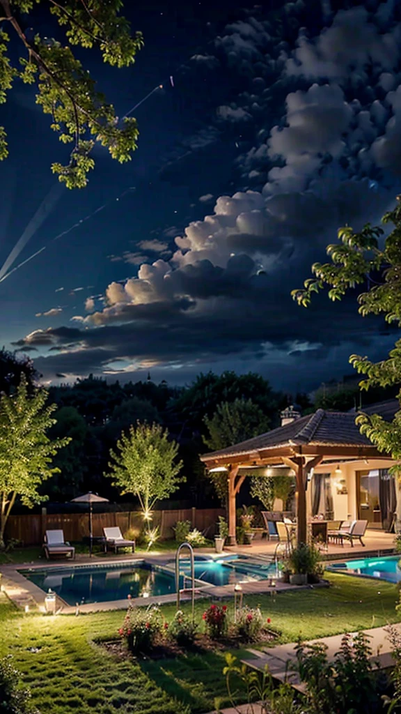 Draw a bungalow house in Sapanca, Turkey, with a garden and covered with grass, let the garden be surrounded by grass, let the weather be dark but the atmosphere be romantic, let it be a pool in the garden, let it be a night dinner set next to the pool and wine, let it be in a way that the table top is visible and a Let the girl's hand be visible, let the guy take the photo
